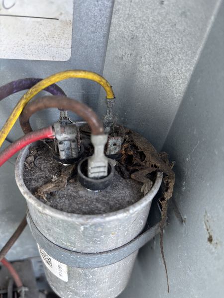 Burnt, corroded AC capacitor removed on a repair call